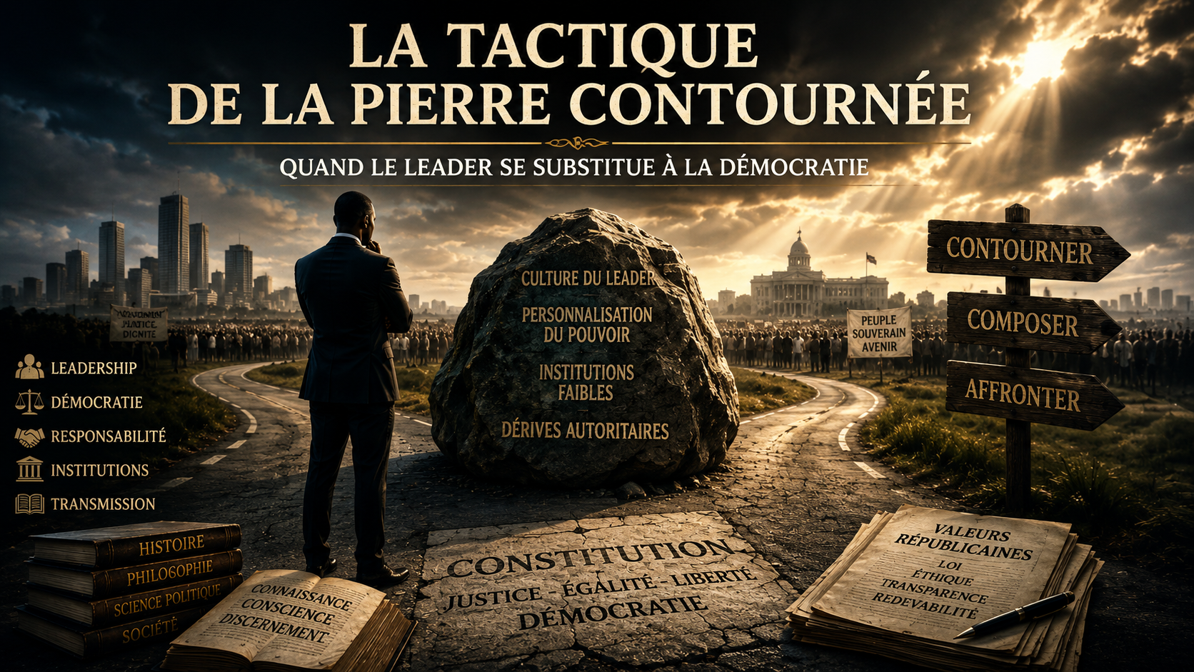 Illustration symbolique du leadership, de la démocratie et des dérives du pouvoir dans les sociétés africaines contemporaines.