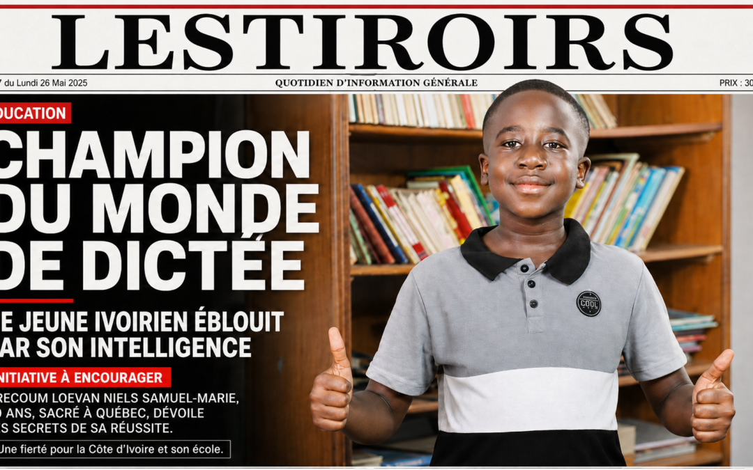 Une de journal LESTIROIRS consacrée à KRECOUM Loevan Niels Samuel-Marie, jeune Ivoirien champion du monde de dictée, posant fièrement devant une bibliothèque avec les deux pouces levés.