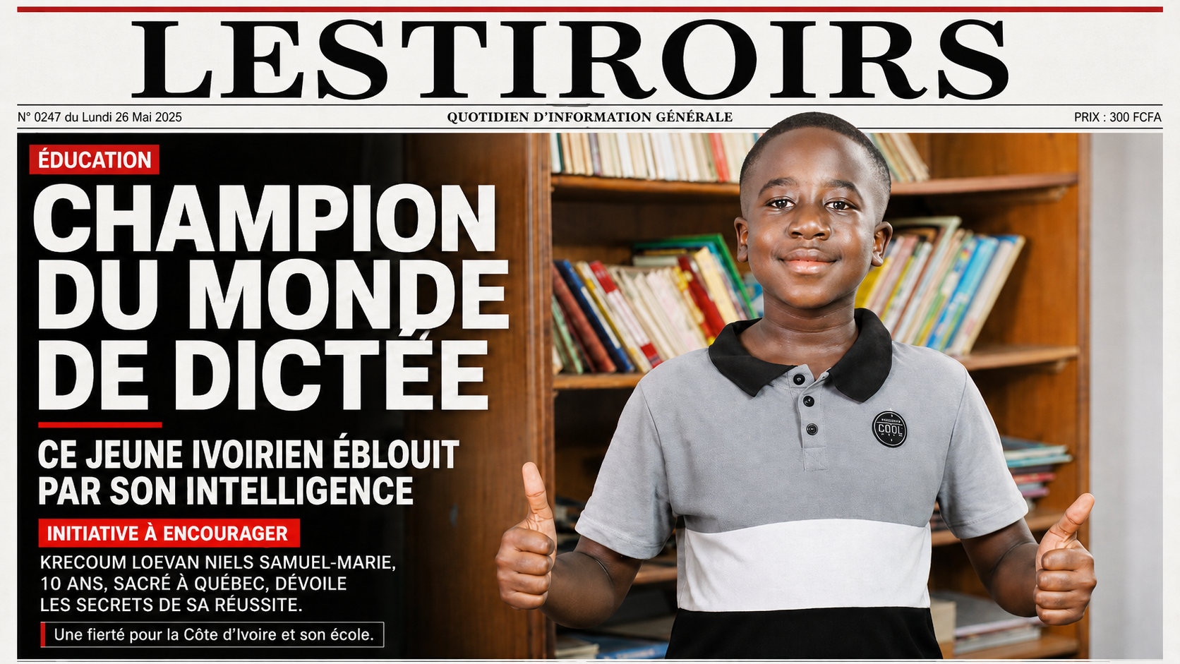 Une de journal LESTIROIRS consacrée à KRECOUM Loevan Niels Samuel-Marie, jeune Ivoirien champion du monde de dictée, posant fièrement devant une bibliothèque avec les deux pouces levés.