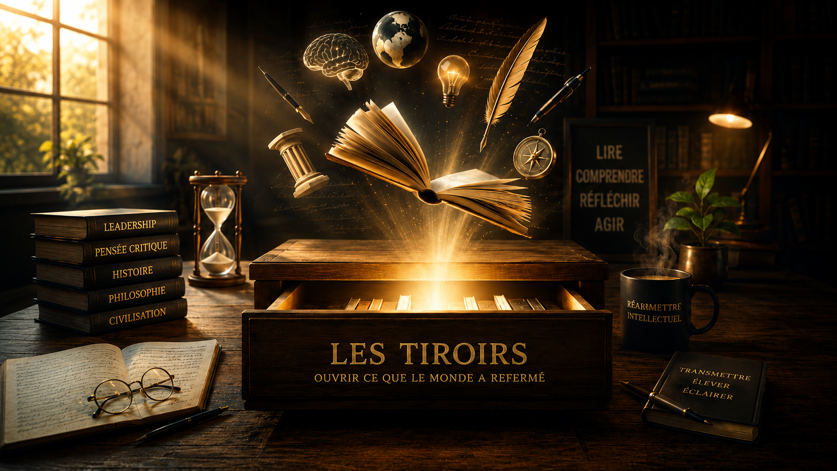 Illustration symbolique de LES TIROIRS représentant la lecture, la pensée critique, le réarmement intellectuel et la transmission des savoirs.